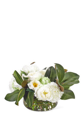 Peony Snowball, White Green Flowers In Glass Bowl