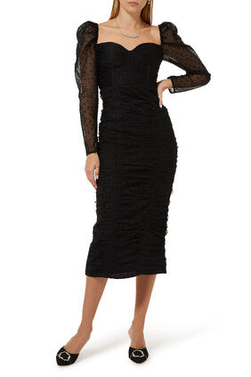 Gathered Mesh Midi Dress