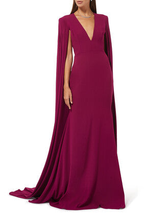 SATIN CREPE CAPE SLEEVE V-NECK GOWN:Pink :12