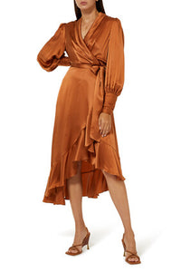 Silk Wrap Midi Dress:Orange :3:KHAKI:1