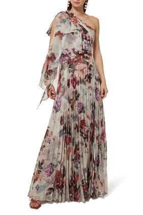 One shoulder printed chiffon pleated gown with shoulder draped bow:BLK:8